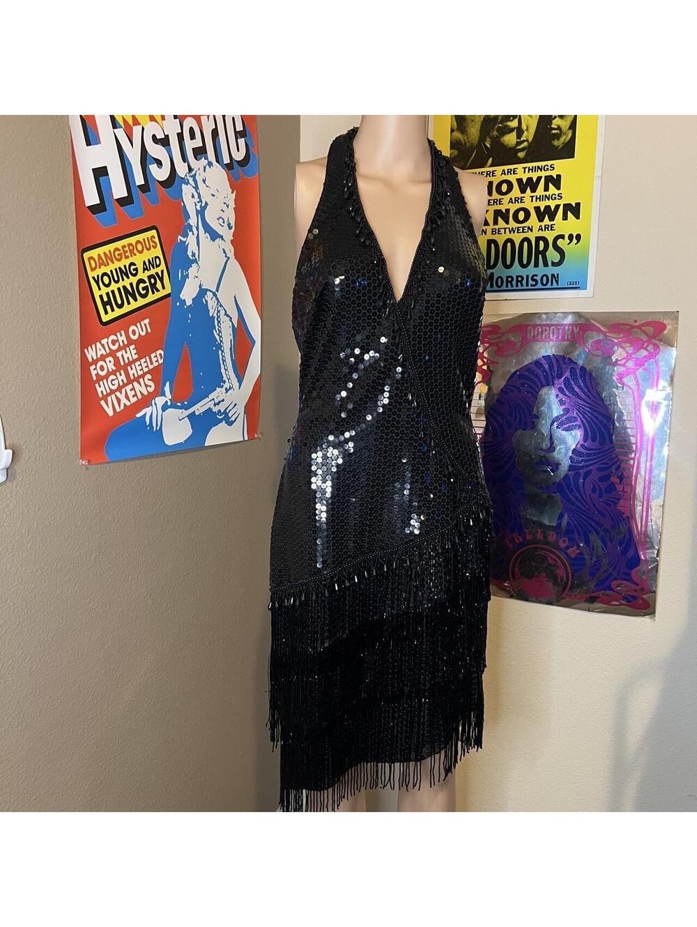 90’s Caché Black Sequin Fringe Halter Flapper Style Dress